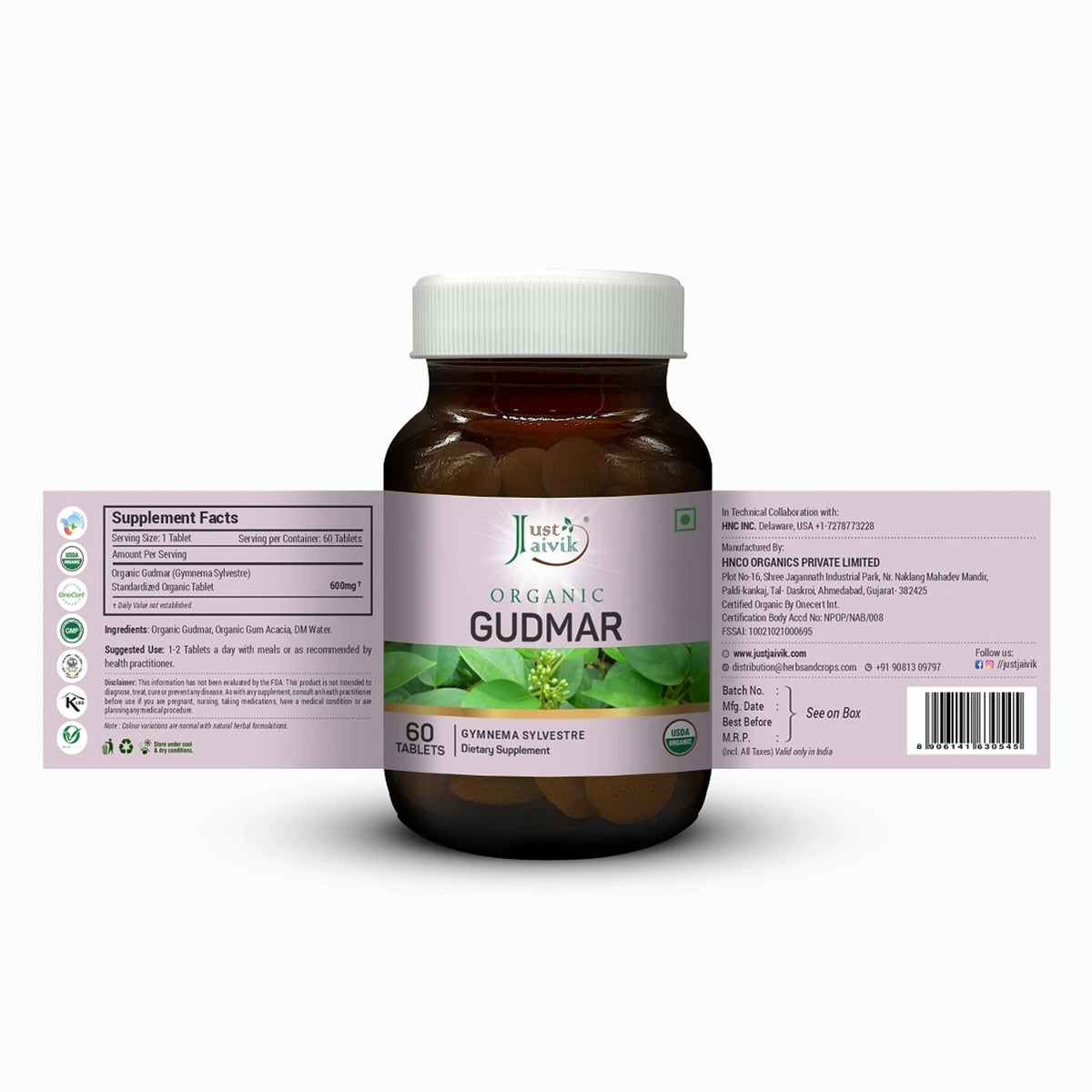 Organic Gymnema Tablets-Pure Gymnema Sylvestre Herbal Supplement - USDA Certified Organic, Non-GMO &amp; Vegan - Traditional Ayurvedic Botanical for Wellness-Just Jaivik - (600mg, 60Tablet)