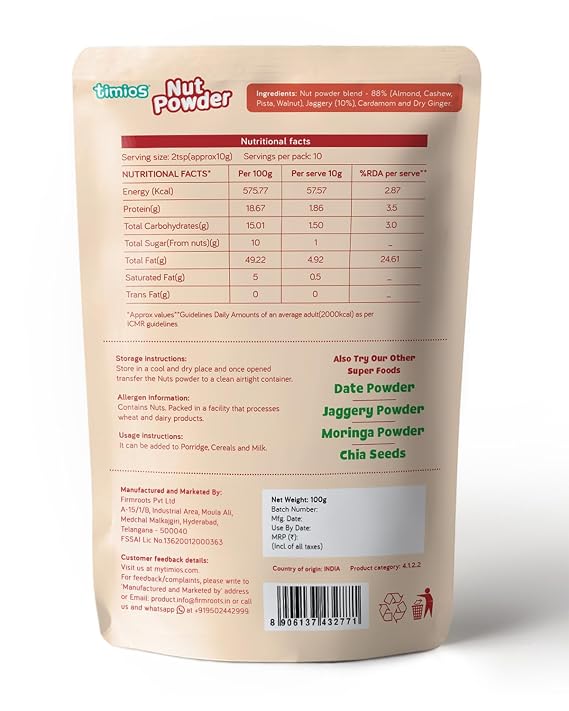 Powder | Nut Powder- Vitamin and Mineral Rich Nut Powder -Made with Jaggery for sweetness- No Added Preservatives &amp; Chemical Free - Timios - 100gm