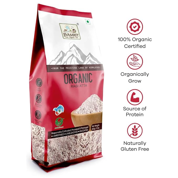 Flour | Organic Ragi Atta - Gluten Free - 100% Certified Organic -Pesticide-Free, Preservative-Free- Jivamrit - 500gm