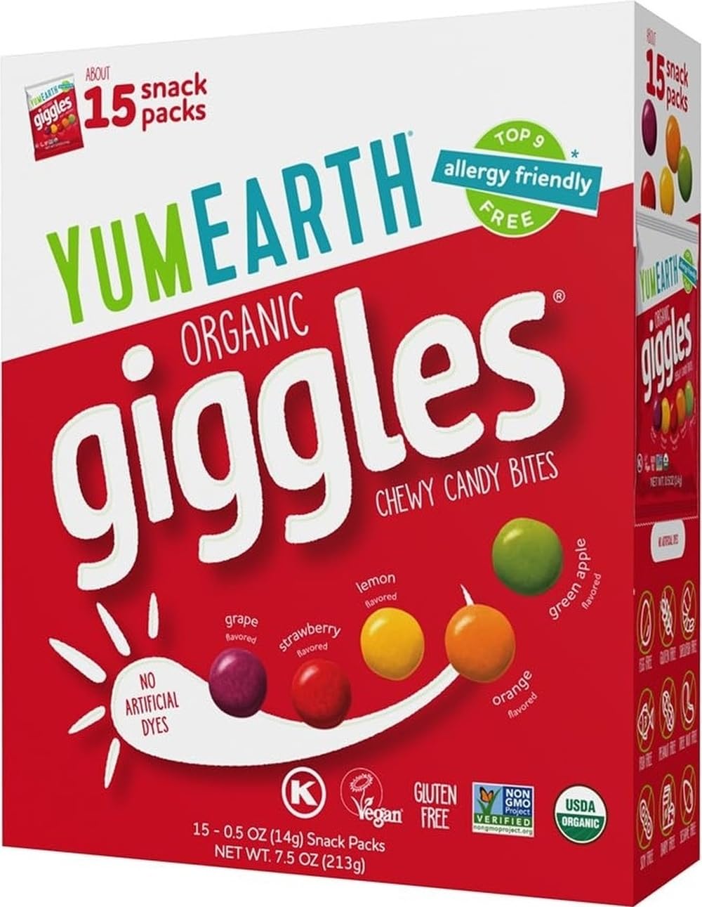 Candy | Giggles - USDA Organic - Vegan, Gluten Free, Non GMO &amp; No High Fructose Corn Syrup Or No Artificial Dyes - Yum Earth - 15 Snack Pack - 213gm