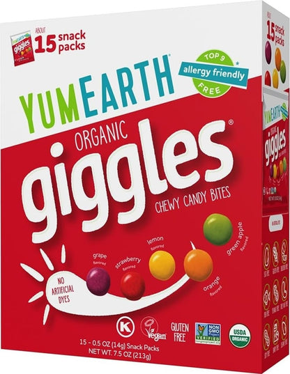 Candy | Giggles - USDA Organic - Vegan, Gluten Free, Non GMO &amp; No High Fructose Corn Syrup Or No Artificial Dyes - Yum Earth - 15 Snack Pack - 213gm