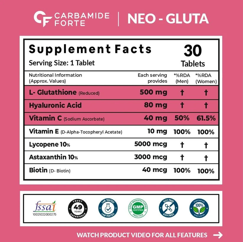 Japanese Reduced L Glutathione-Hyaluronic Acid + Vitamin C &amp; E With Biotin for Hydration &amp; Even Tone-   Carbamide Forte-30 Tablets