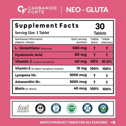 Japanese Reduced L Glutathione-Hyaluronic Acid + Vitamin C &amp; E With Biotin for Hydration &amp; Even Tone-   Carbamide Forte-30 Tablets