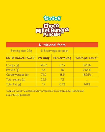 Pancake | Millet Banana Pancake Mix (Choco)-Organic Millet Instant Breakfast &amp; Healthy Dessert Mix for Kids &amp; Adult - Made With Jaggery - No Maida - No Artificial Colours or Flavour– Timios – 150gm