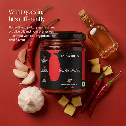 Sauce | Schezwan (Made With Olive Oil ) -Sichuan Chilli Garlic Sauce – No Added Preservatives &amp; Additives Free – Tatva Hills – 180gm