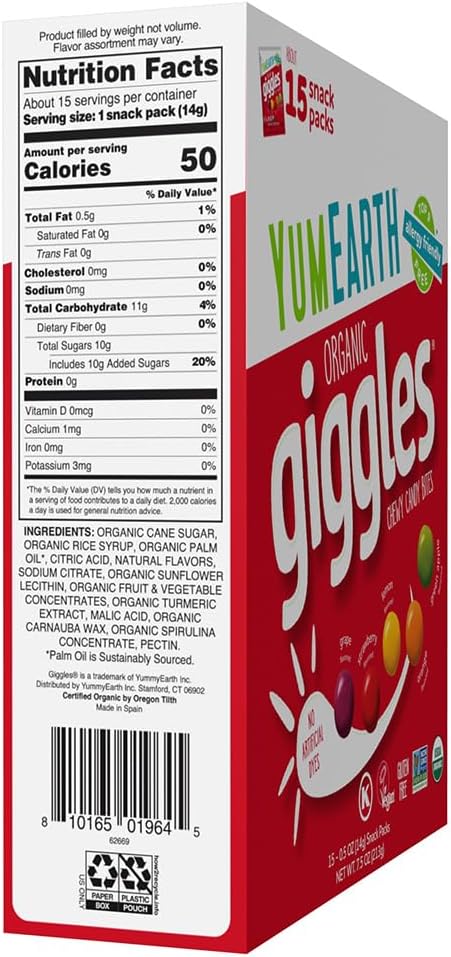 Candy | Giggles - USDA Organic - Vegan, Gluten Free, Non GMO &amp; No High Fructose Corn Syrup Or No Artificial Dyes - Yum Earth - 15 Snack Pack - 213gm