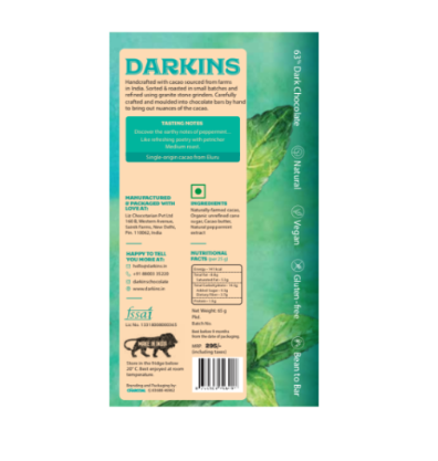 Dark Chocolate | 63% Dark Chocolate with Peppermint – Vegan &amp; Gluten Free - Darkins – 65gm