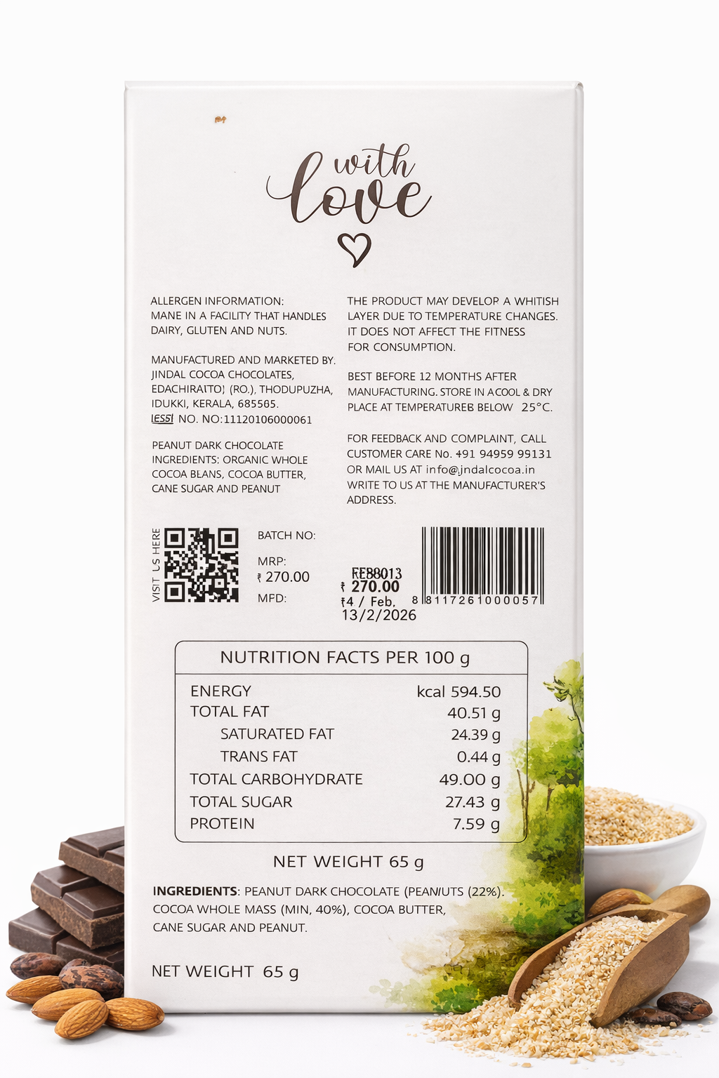 Dark Chocolate | 63% Peanut Dark Chocolate -Handcrafted Artisan Chocolate - Bean To Bar - Vegan  -Rakkaudella- 65gm