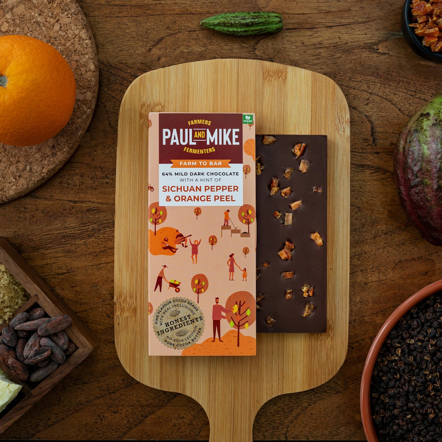 Dark Chocolate | 64% Dark Sichuan Pepper &amp;amp; Orange Peel Chocolate – Pure Cocoa Butter - Vegan, No Refined Sugar &amp;amp; No Soya Lecithin - Paul &amp;amp; Mike – 68gm