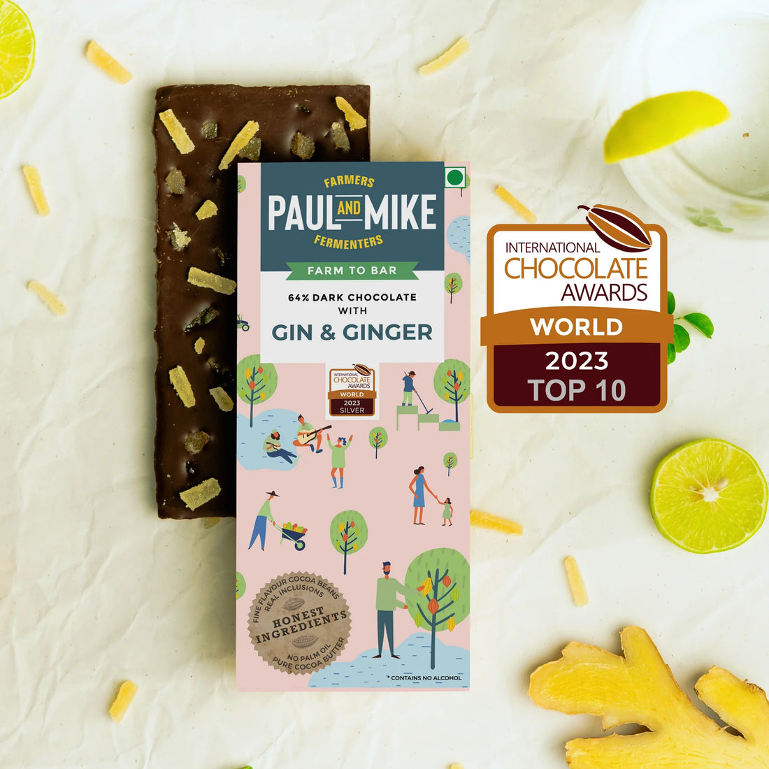 Dark Chocolate | 64% Dark Gin &amp; Ginger Chocolate - Natural - Vegan, Pure Cocoa Butter, Non GMO &amp; No Cocoa Powder- Paul &amp; Mike – 68gm