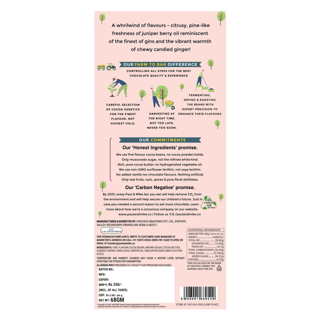 Dark Chocolate | 64% Dark Gin & Ginger Chocolate - Natural - Vegan, Pure Cocoa Butter, Non GMO & No Cocoa Powder- Paul & Mike – 68gm