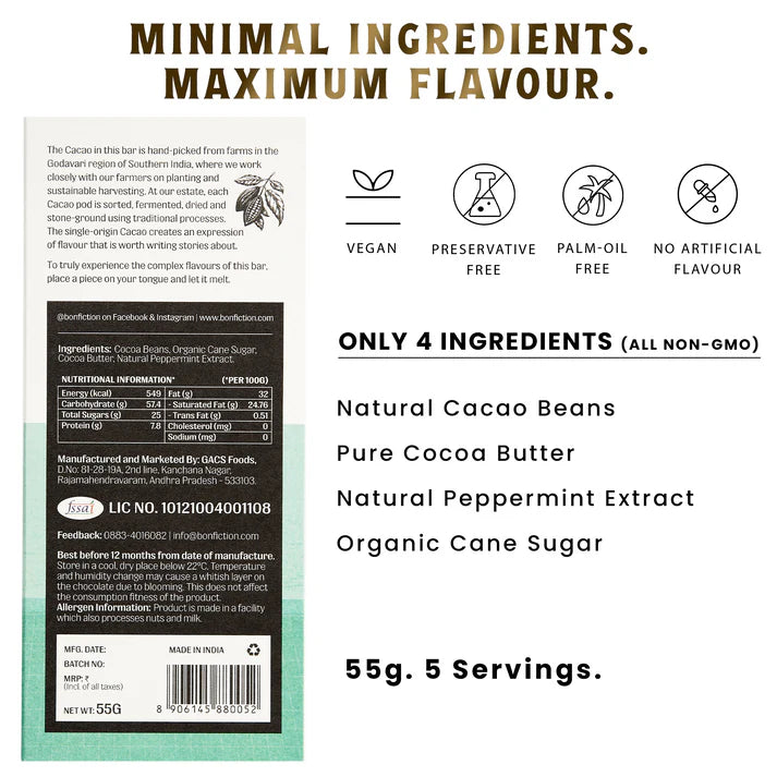 Dark Chocolate | 64% Dark Peppermint Chocolate – A Marvellous Mint Life Tree To Bar – Single Origin – 100% Natural – Vegan, Gluten Free, Palm Oil Free, Non GMO, No Artificial Flavour &amp; No Added Preservatives – Bon-Fiction – 55gm