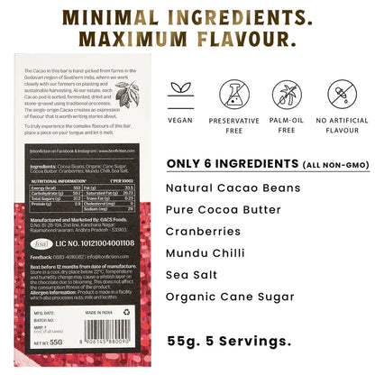 Dark Chocolate | 64% Dark – The Cranberry Chilli Chase – Tree To Bar – Single Origin – 100% Natural – Vegan, Gluten Free, Palm Oil Free, Non GMO, No Artificial Flavour &amp; No Added Preservatives – Bon-Fiction – 55gm