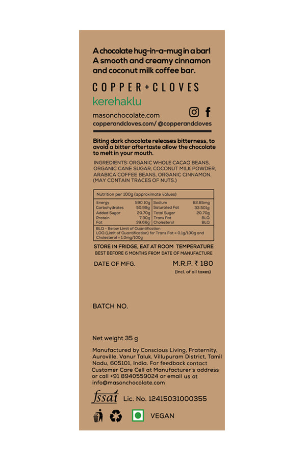 Dark Chocolate | 65% Coconut Cinnamon Latte - Vegan, Gluten Free &amp;amp; Soy Free – Mason &amp;amp; Co – 35gm