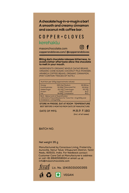 Dark Chocolate | 65% Coconut Cinnamon Latte - Vegan, Gluten Free &amp;amp; Soy Free – Mason &amp;amp; Co – 35gm