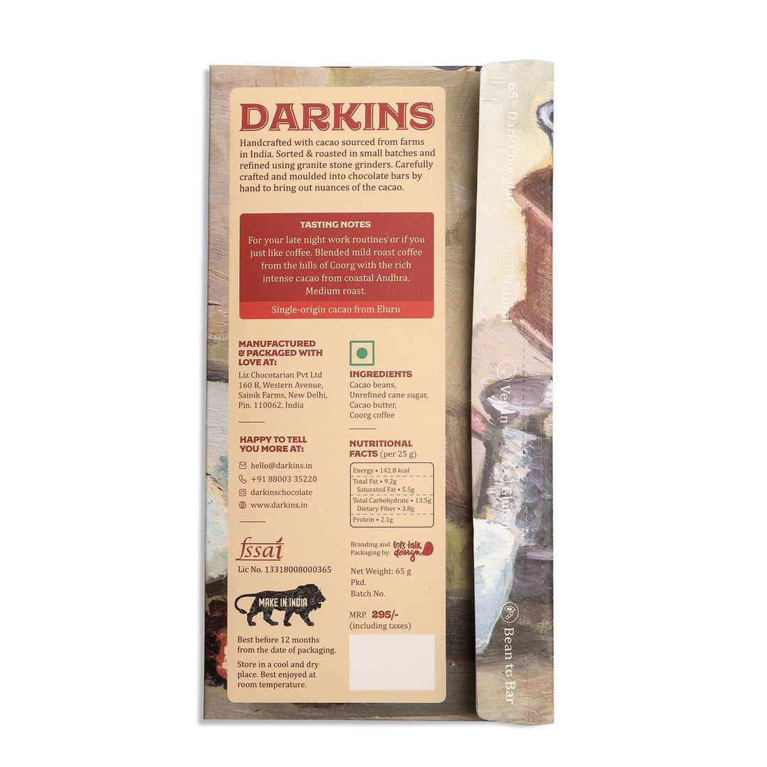 65% Dark Chocolate with Coffee – Vegan &amp;amp; Gluten Free - Darkins – 65gm