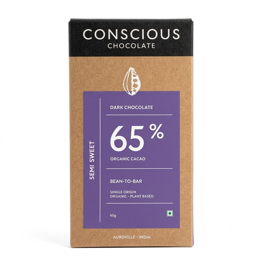 65% Semi-Sweet Dark Chocolate Bar – Vegan &amp;amp; Gluten Free -Conscious Living – 60gm