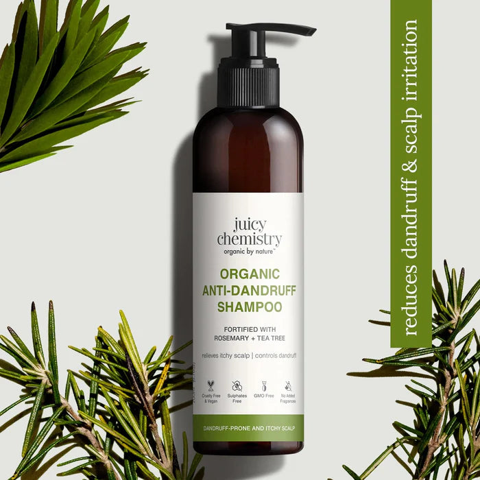 Shampoo | Anti- Dandruff (Rosemary &amp;amp; Tea Tree) - Handproduct - Relieves Itchy Scalp &amp;amp; Reduces Dandruff - Natural - Indian - Vegan, Cruelty Free, Gmo Free, No Synthetic Fragrances &amp;amp; Zero Dyes - Juicy Chemistry - 200ml
