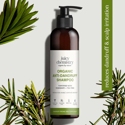 Shampoo | Anti- Dandruff (Rosemary &amp;amp; Tea Tree) - Handproduct - Relieves Itchy Scalp &amp;amp; Reduces Dandruff - Natural - Indian - Vegan, Cruelty Free, Gmo Free, No Synthetic Fragrances &amp;amp; Zero Dyes - Juicy Chemistry - 200ml