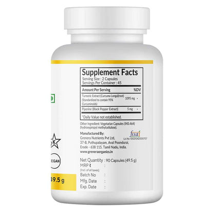 Curcumin With Piperine  Capsules | Nutraceutical - Vegan, Gluten Free, Non Gmo, Preservatives Free &amp;amp; No Additives - Grenera – 90 Capsules