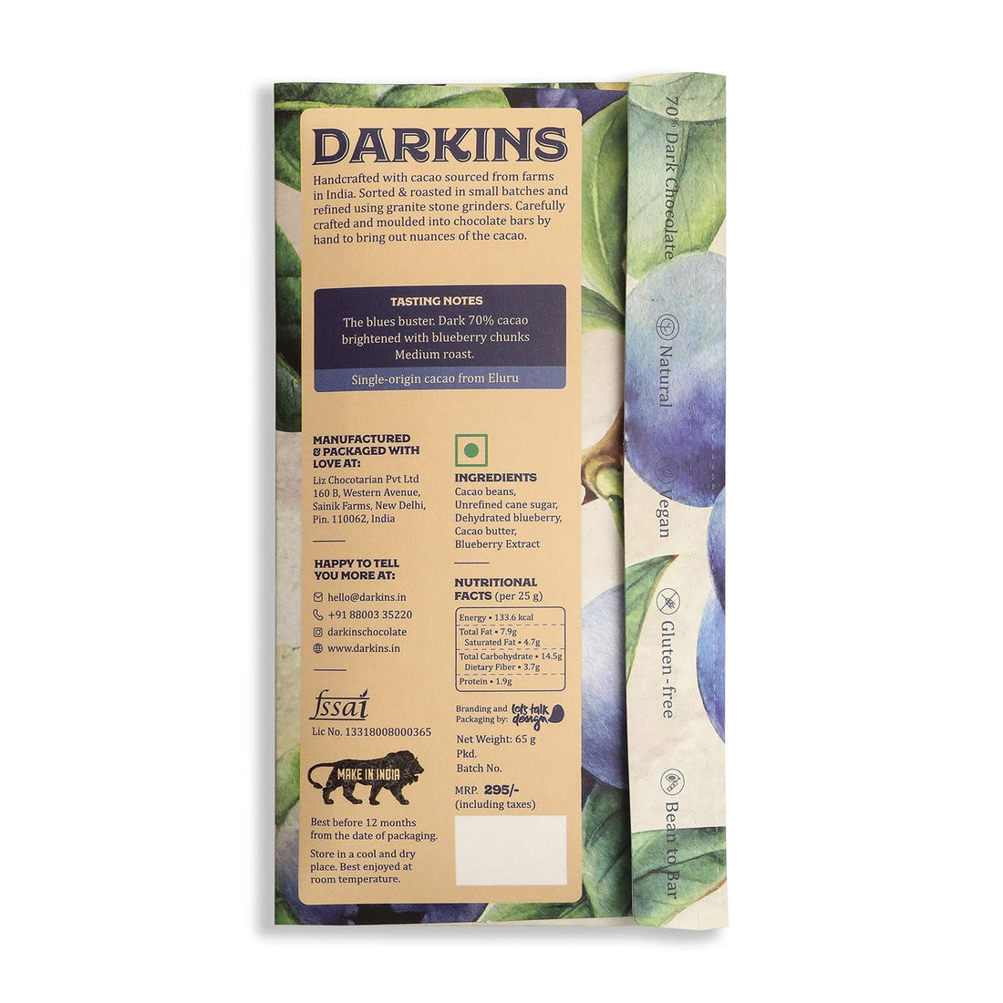 70% Artisanal Dark Chocolate with Blueberry – Vegan & Gluten Free – Darkins – 50gm