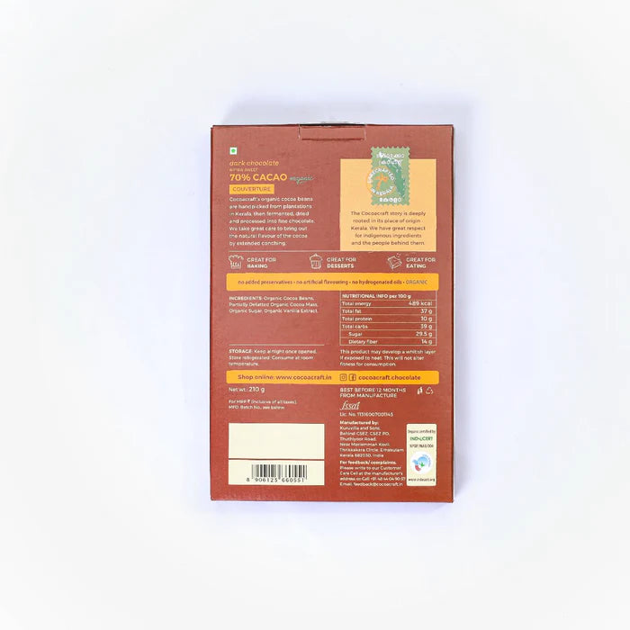 Dark Chocolate | 70% Bitter Sweet Dark Chocolate Couverture - Vegan, Gluten Free, High Protein, Lactose Free &amp;amp; Nut Free - Cocoacraft - 210gm