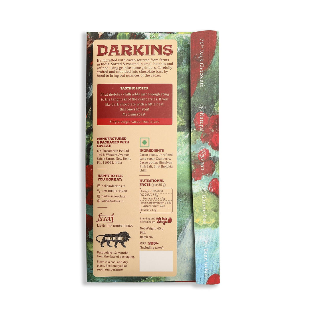 70% Dark Cranberry &amp;amp; Chilli - Vegan &amp;amp; Gluten Free – Darkins – 65gm