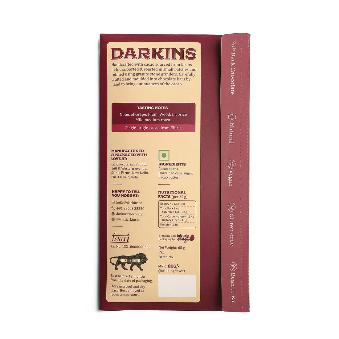 70% Single Origin Dark Chocolate - Andhra Cacao- Vegan &amp;amp; Gluten Free – Darkins – 65gm