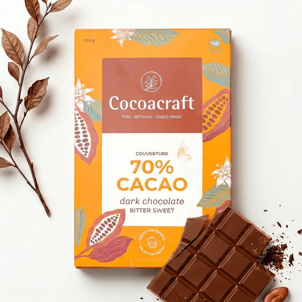Chocolate | 70% Cocoa Bitter sweet Dark Chocolate Couverture - Made in Kerala from Single - Origin Cocoa  – Vegan -No Vegetable Oil, No Artificial Flavours- Cocoacraft – 210gm