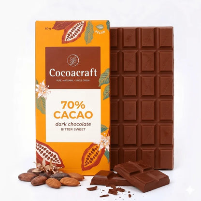 Chocolate | 70% Cocoa Bitter sweet Dark Chocolate Couverture - Made in Kerala from Single - Origin Cocoa  – Vegan -No Vegetable Oil, No Artificial Flavours- Cocoacraft – 80gm