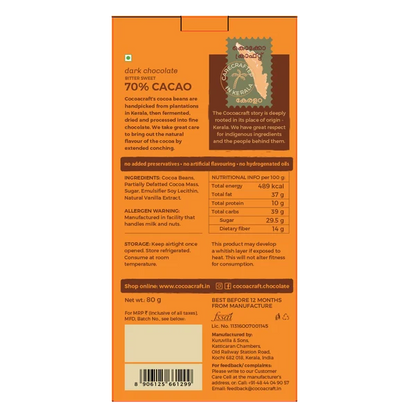 Chocolate | 70% Cocoa Bitter sweet Dark Chocolate Couverture - Made in Kerala from Single - Origin Cocoa  – Vegan -No Vegetable Oil, No Artificial Flavours- Cocoacraft – 80gm