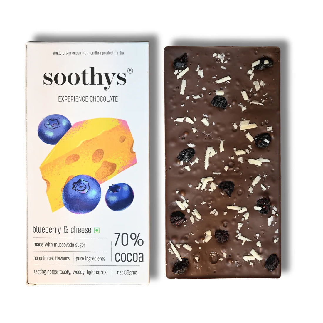 Chocolate | 70% Dark Chocolate (Blueberries &amp; Cheese)- Cocoa Beans -No Palm Oil , No artificial flavors or emulsifiers - Soothys - 88gm