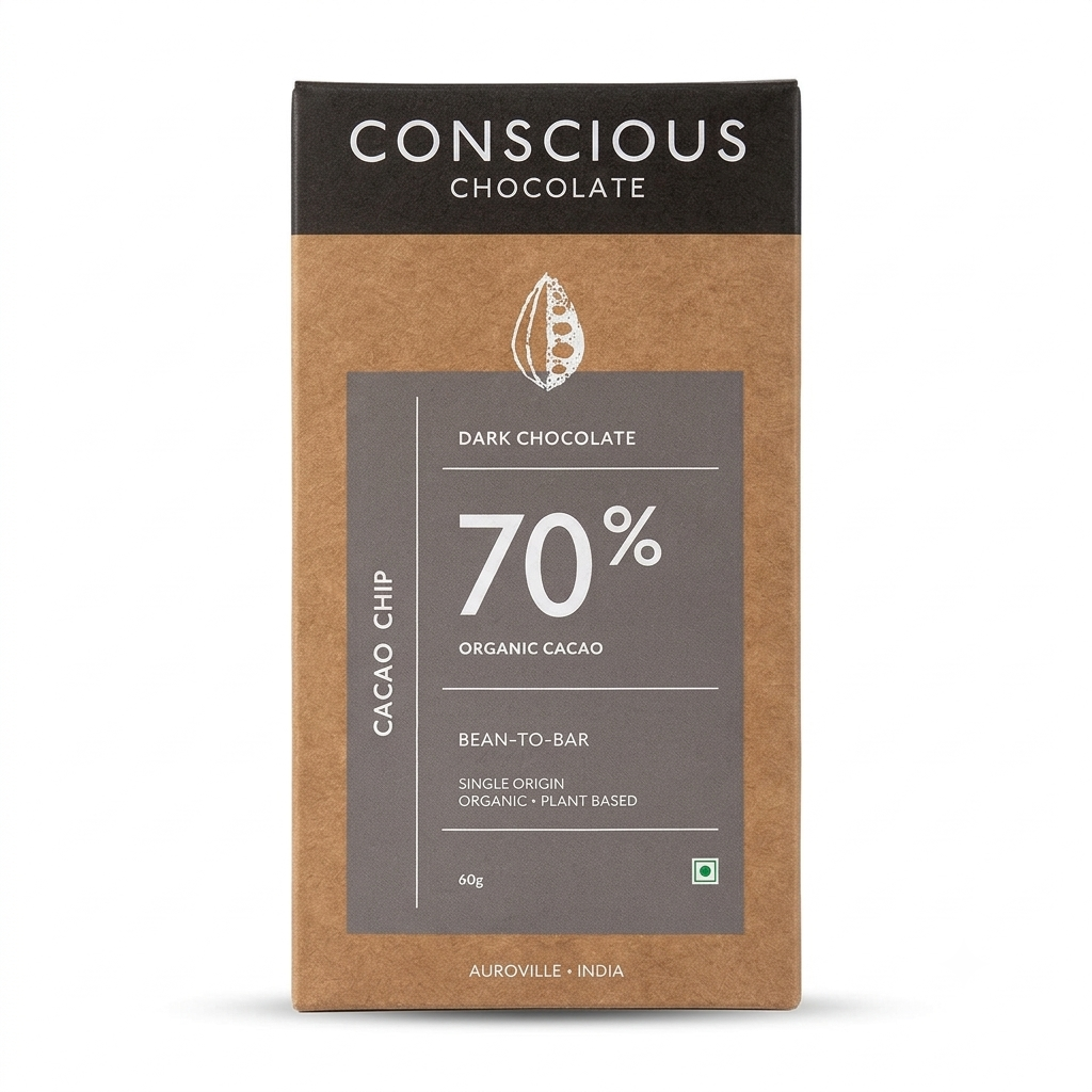 70% Cacao Chip Dark Chocolate - Vegan &amp;amp; Gluten Free - Conscious Living- 60gm