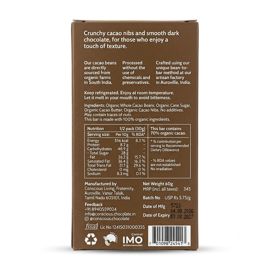70% Cacao Chip Dark Chocolate - Vegan &amp;amp; Gluten Free - Conscious Living- 60gm