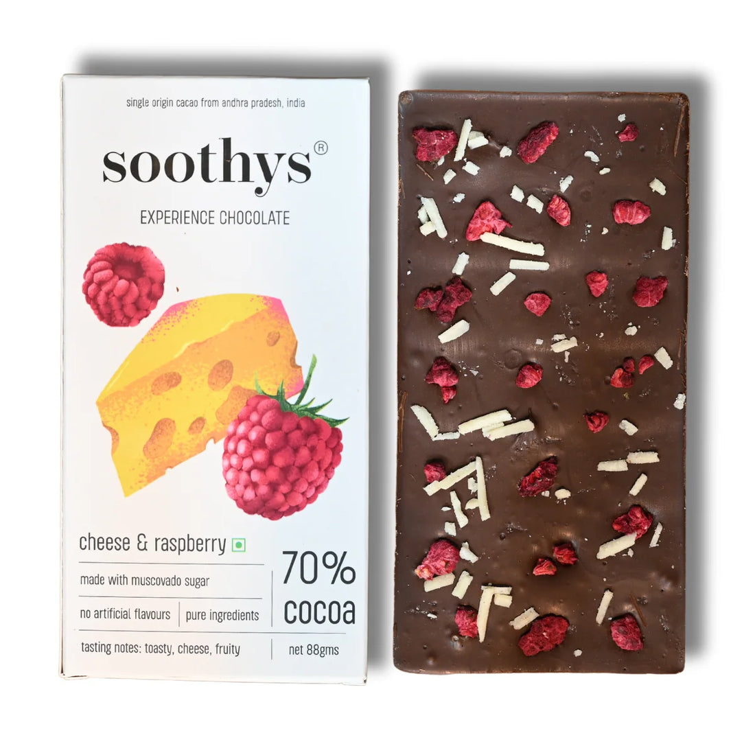 Chocolate | 70% Dark Chocolate Bars (Raspberry and Cheese) - Cocoa Beans -No Palm Oil , No artificial flavors or emulsifiers - Soothys - 88gm