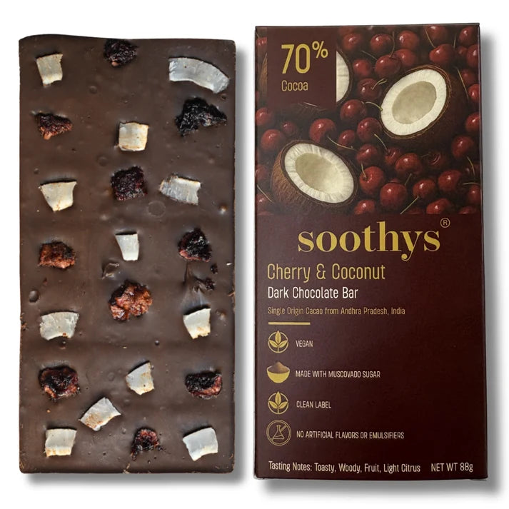 Chocolate | 70% Dark Vegan Chocolate Bars ( Cherry and Coconut )- Cocoa Beans -No Palm Oil , No artificial flavors or emulsifiers - Soothys - 88gm