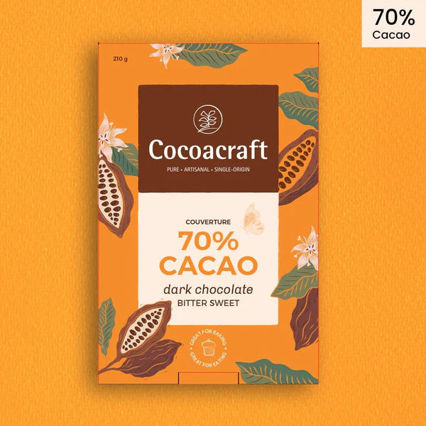 Dark Chocolate | 70% Bitter Sweet Dark Chocolate Couverture - Vegan, Gluten Free, High Protein, Lactose Free &amp;amp; Nut Free - Cocoacraft - 210gm
