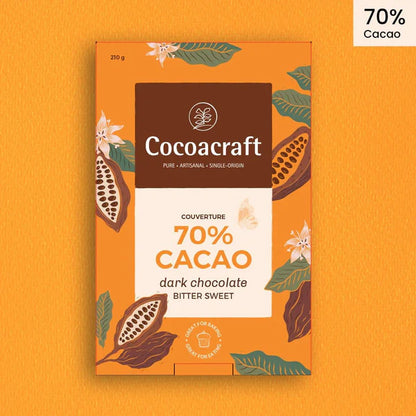 Dark Chocolate | 70% Bitter Sweet Dark Chocolate Couverture - Vegan, Gluten Free, High Protein, Lactose Free &amp;amp; Nut Free - Cocoacraft - 210gm