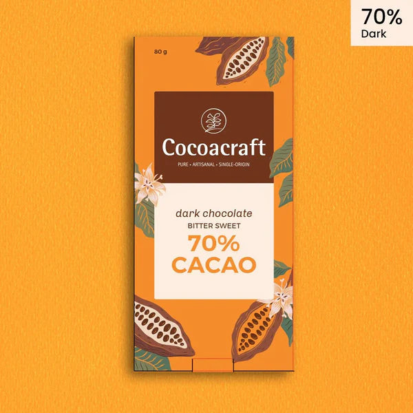 Dark Chocolate | 70% Cacao - Bitter Sweet - Preservatives Free, No Artificial Flavour & No hydrogenated oils - Cocoacraft - 80gm