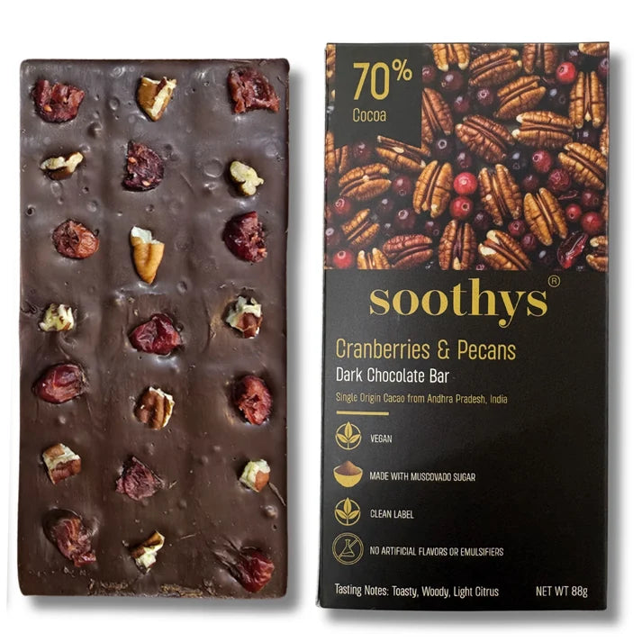 Chocolate | 70% Dark Vegan Chocolate Bars (Cranberry and Pecans)- Cocoa Beans -No Palm Oil , No artificial flavors or emulsifiers - Soothys - 88gm
