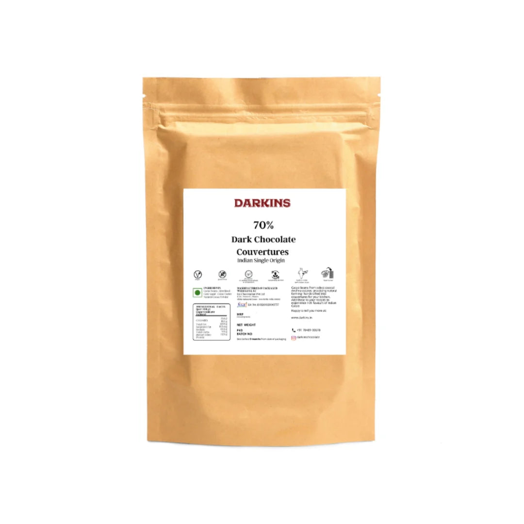 Dark Chocolate | 70% Dark Chocolate Couverture - Vegan, Gluten Free, No Artificial Flavour, Colour, Or Preservatives Free - Darkins - 200gm