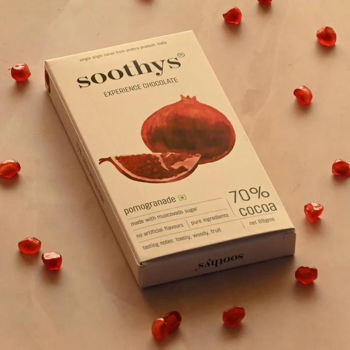 Chocolate | 70% Dark Vegan Chocolate Bars ( Pomegranate )- Cocoa Beans -No Palm Oil , No artificial flavors or emulsifiers - Soothys - 88gm