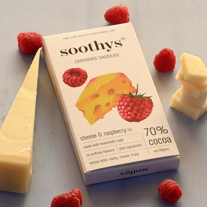 Chocolate | 70% Dark Chocolate Bars (Raspberry and Cheese) - Cocoa Beans -No Palm Oil , No artificial flavors or emulsifiers - Soothys - 88gm