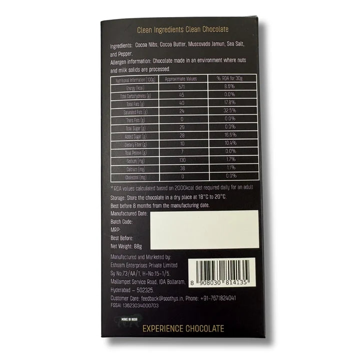 Chocolate | 70% Dark Vegan Chocolate Bars with Jamun, Sea Salt and Pepper - Cocoa Beans -No Palm Oil , No artificial flavors or emulsifiers - Soothys - 88gm