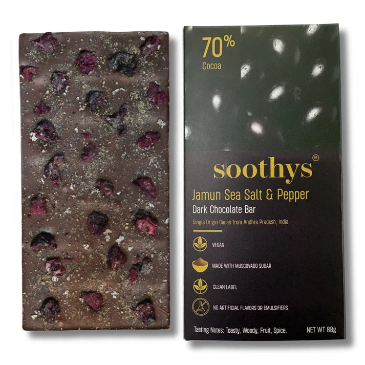 Chocolate | 70% Dark Vegan Chocolate Bars with Jamun, Sea Salt and Pepper - Cocoa Beans -No Palm Oil , No artificial flavors or emulsifiers - Soothys - 88gm