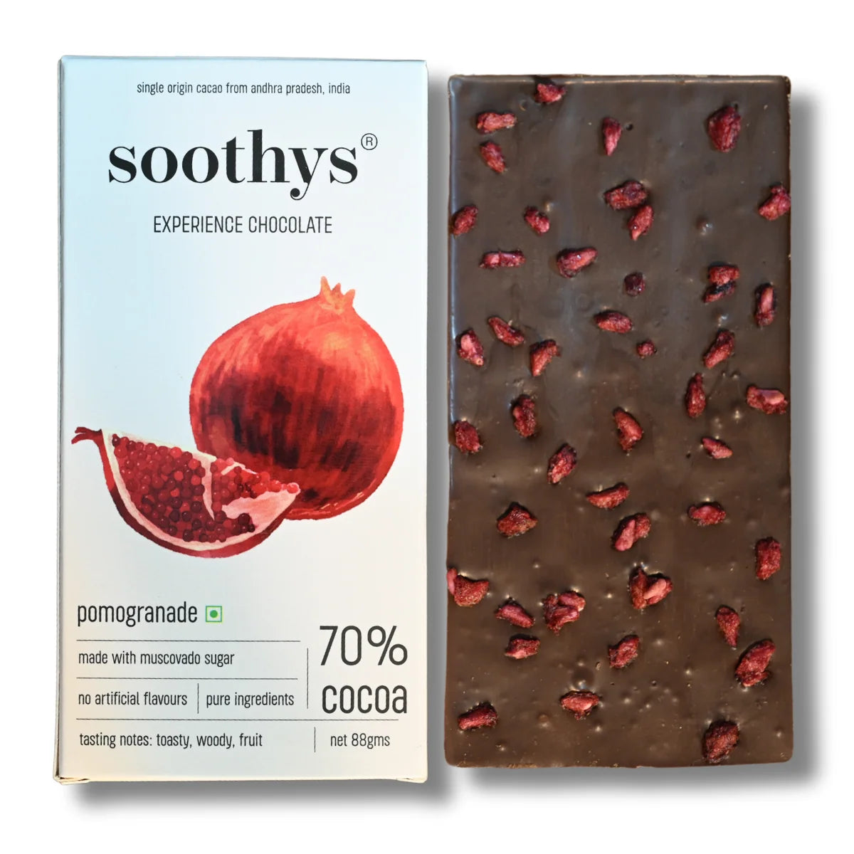 Chocolate | 70% Dark Vegan Chocolate Bars ( Pomegranate )- Cocoa Beans -No Palm Oil , No artificial flavors or emulsifiers - Soothys - 88gm