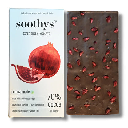 Chocolate | 70% Dark Vegan Chocolate Bars ( Pomegranate )- Cocoa Beans -No Palm Oil , No artificial flavors or emulsifiers - Soothys - 88gm
