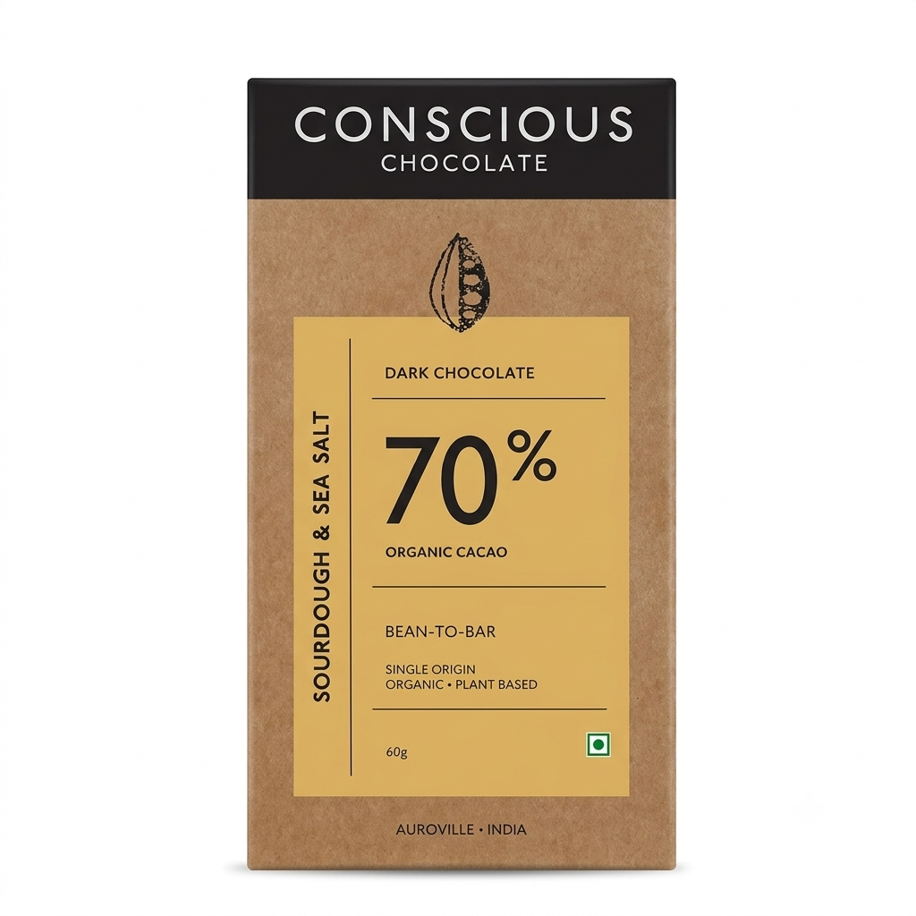 70% Sourdough &amp;amp; Sea Salt Dark Chocolate Bar - Conscious Living - 60gm