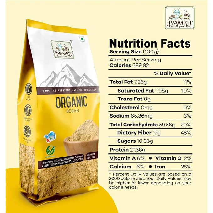 Chana Besan | Organic Besan-100% Certified Organic,Vegan -Organic Healthy Flour -Preservative free -Jivamrit - 500gm