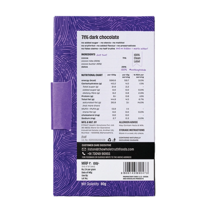 Dark Chocolate | 71% Dark Chocolate – 71% Cocoa, 29% Dates - Natural - Indian - No Added Sugar, No Stevia, Maltitol &amp;amp; No Erythritol - The Whole Truth – 80gm